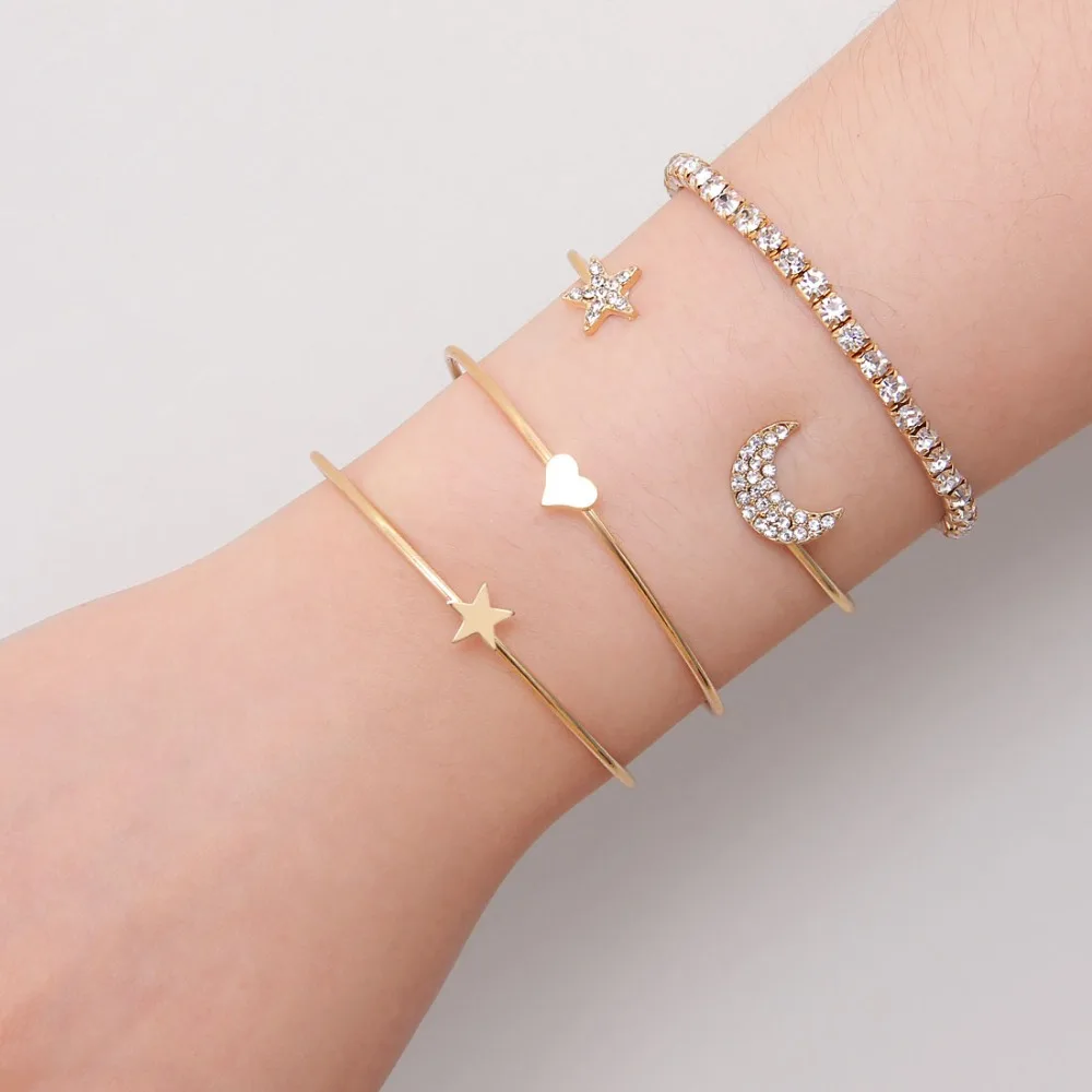 

4 Pcs/set gold/silver plated Punk Retro Charm Simple Moon Star Heart Crystal Elasticity Bracelet Jewelry Accessories For Women