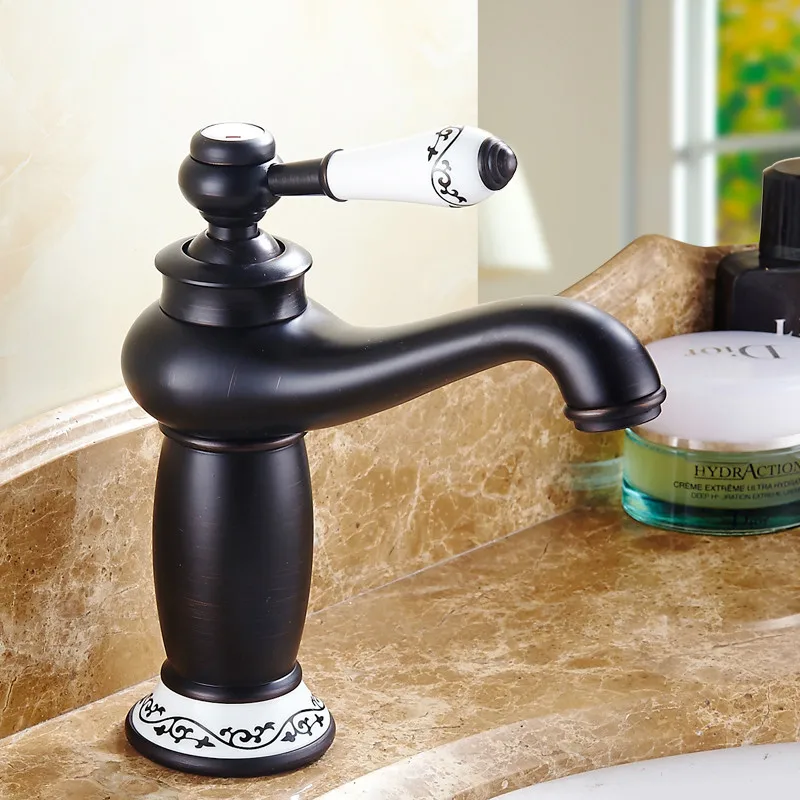 Basin Faucets Black Brass Bathroom Sink Faucet Ceramics Single Handle