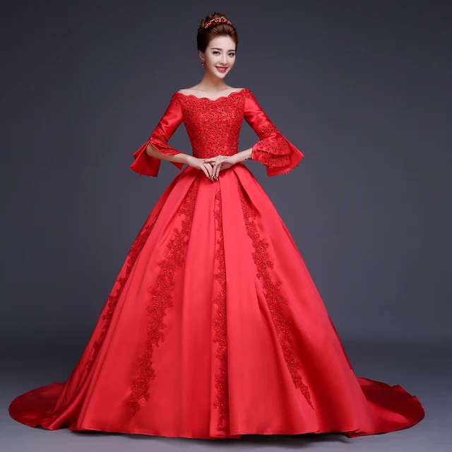 Vintage Red Wedding Dress Ball Gown With Long Sleeves Boat Neck Vintage Red Wedding Dress Ball Gown With Long Sleeves Boat Neck Embellished Satin Bride Laced