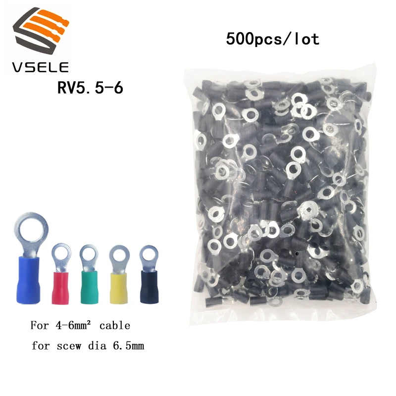 

VSELE 500PCS/pack ring crimp insulation terminal RV5.5-6 for 4-6mm2 wire cable for screw dia 6.5mm connector