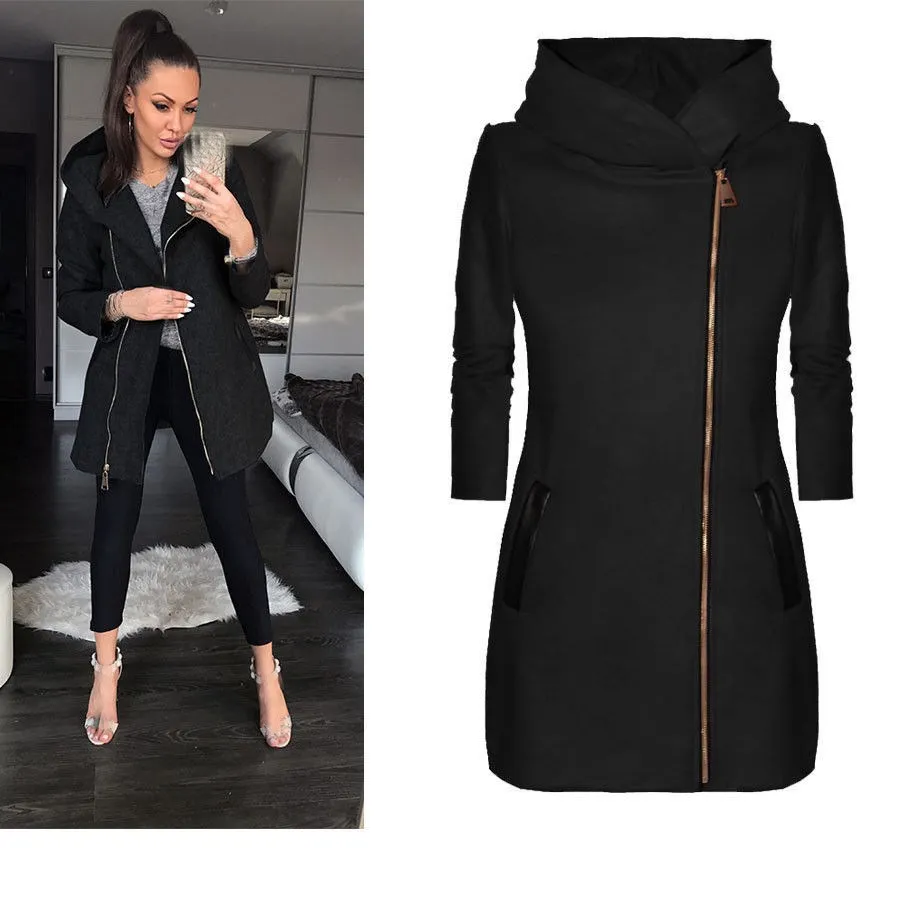 Autumn Women Hooded Long Sleeve Basic Jacket Full Outwear Pocket Zipper Warm Jacket