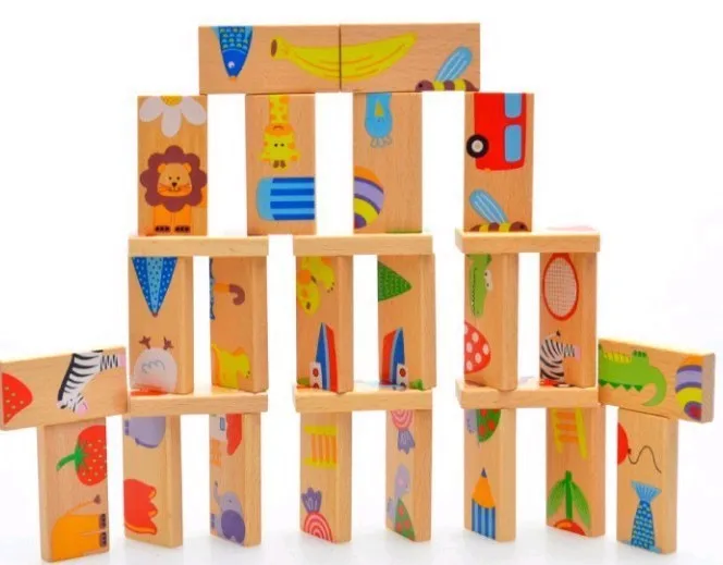 

28 Pieces Animal Pattern Kid Dominoes Early Childhood Educational Wooden Building Blocks Toys WJ389