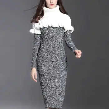 

Women Sweater Dress High-Necked Long sleeve Slim Turtleneck Knitted Sweater patchwork pencil Dress Women Winter Dress