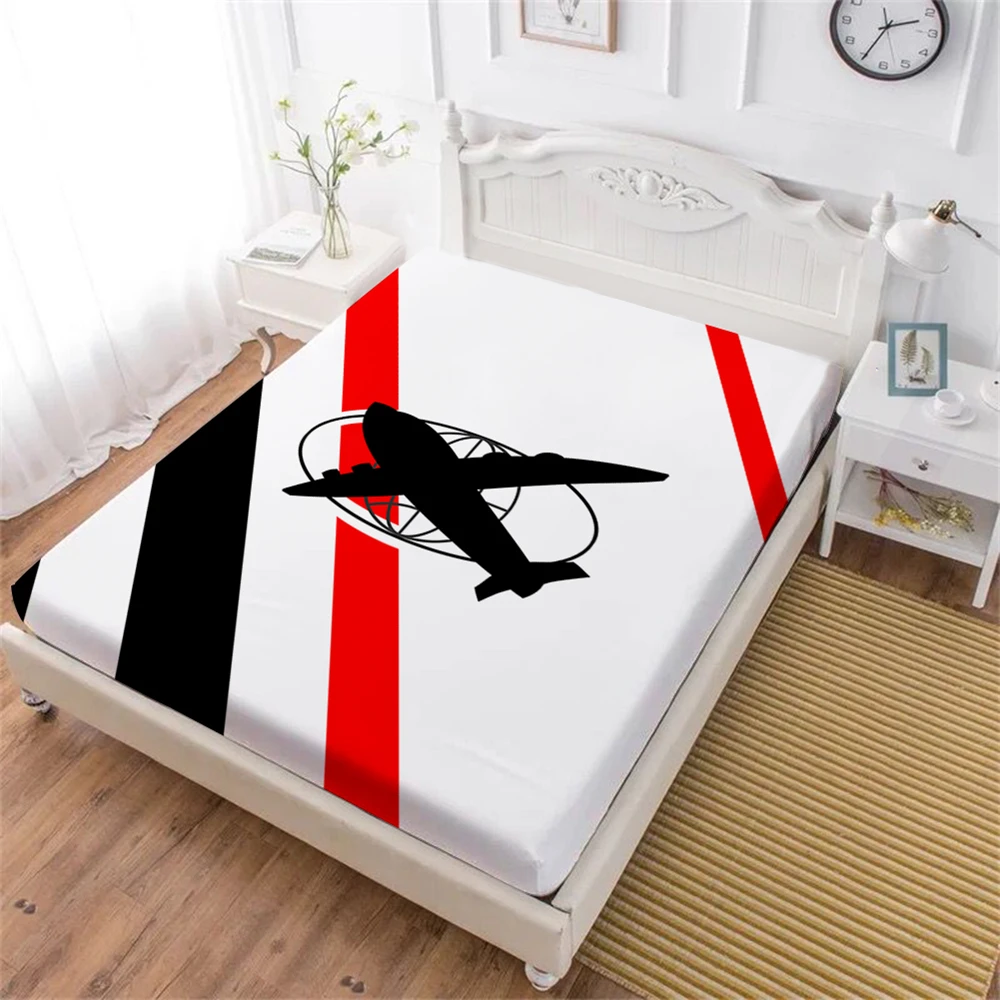 Kids Airplane Bed Sheet Cartoon Color Block Fitted Sheet Red Black