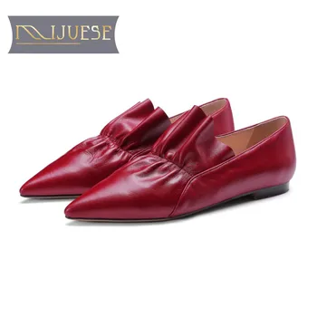 

MLJUESE 2018 women flats cow leather red color pointed toe sheepskin flats spring comfortable loafers casual flats