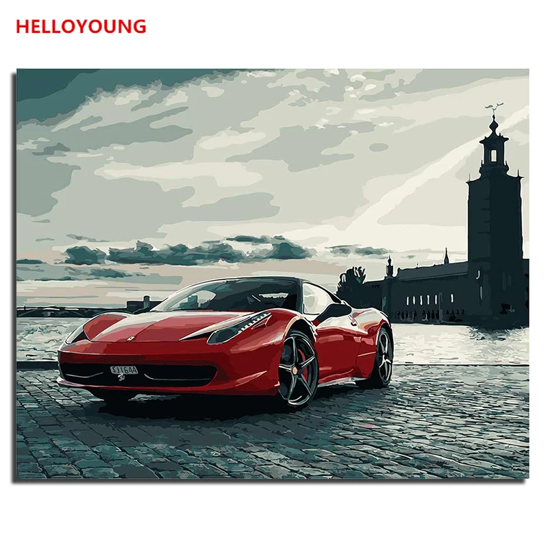 

HELLOYOUNG DIY Handpainted Oil Painting Red Ferrari Digital Painting by numbers oil paintings chinese scroll paintings