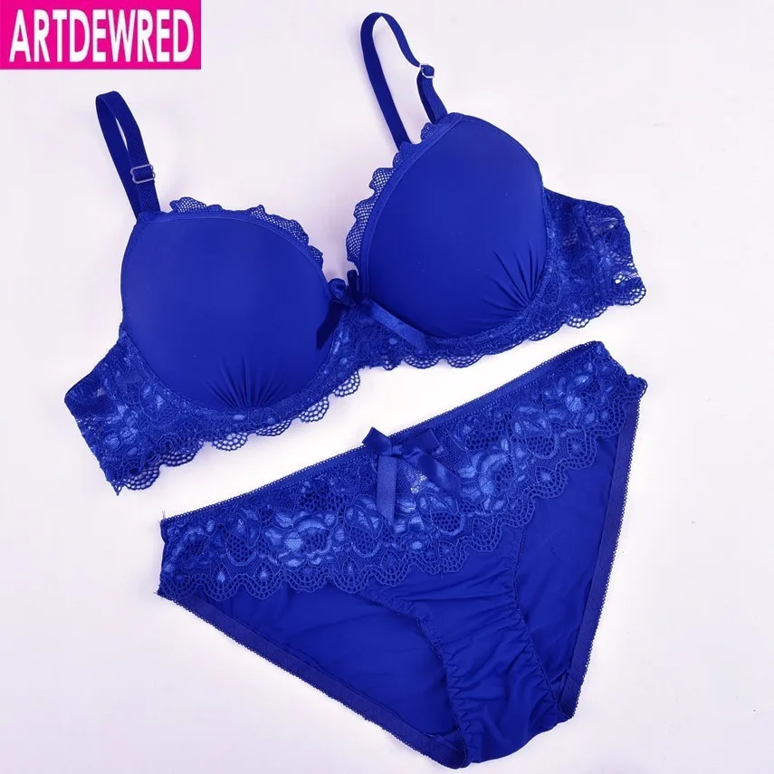 

New 2018 Women Lace Underwear Push Up Side Support Plunge Bra and Panty Set Lingerie Plus Size Bras Briefs Sets Blue White