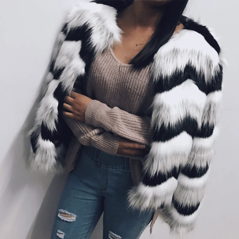

New Hairy Fur Coat Black White Stripes Women Warm Long Sleeve O-neck Collarless Winter Outerwear Jacket Fluffy Parkas 6Q0202