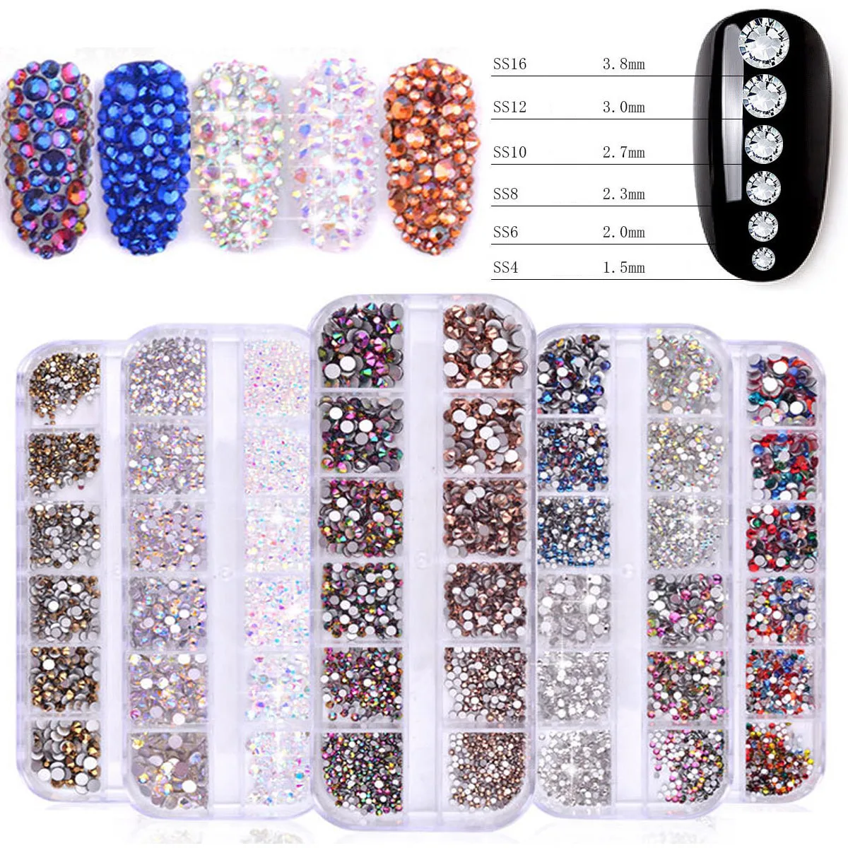 

AB Beads Flat Back Crystals Clear 1440pcs for 3D Dust Nail Art Caviar Manicure Micro Stones Nails Gems Rhinestones Gems Mix Size