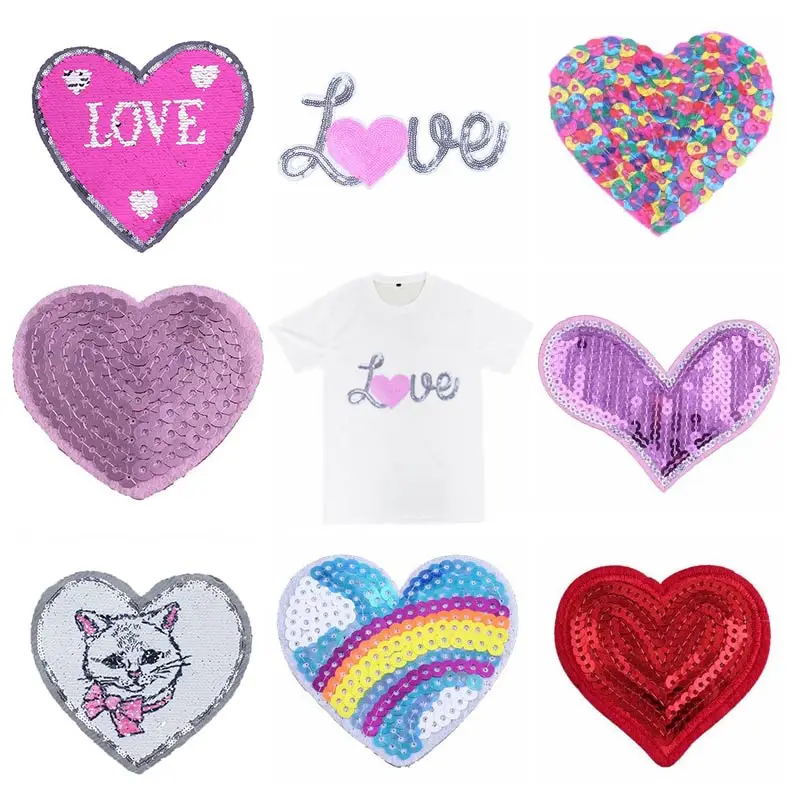 

Iron On High Quality Sequin For Clothes Shoes Cartoon Heart 1PC LOVE Clothes Patches Reversible Patches Popular Hot Sale For Bag