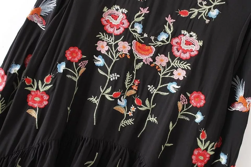 Осеннее модное Брендовое платье с цветочной вышивкой в стиле ретро, женское винтажное черное платье с круглым вырезом и длинным рукавом, Boho Vestidos