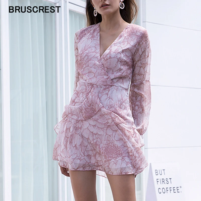 

Vintage Floral Print Summer Dress 2019 Long SLeeve Female Elegant Party Short Dress Bow Sexy Ruffle Chiffon Dress Women Vestidos