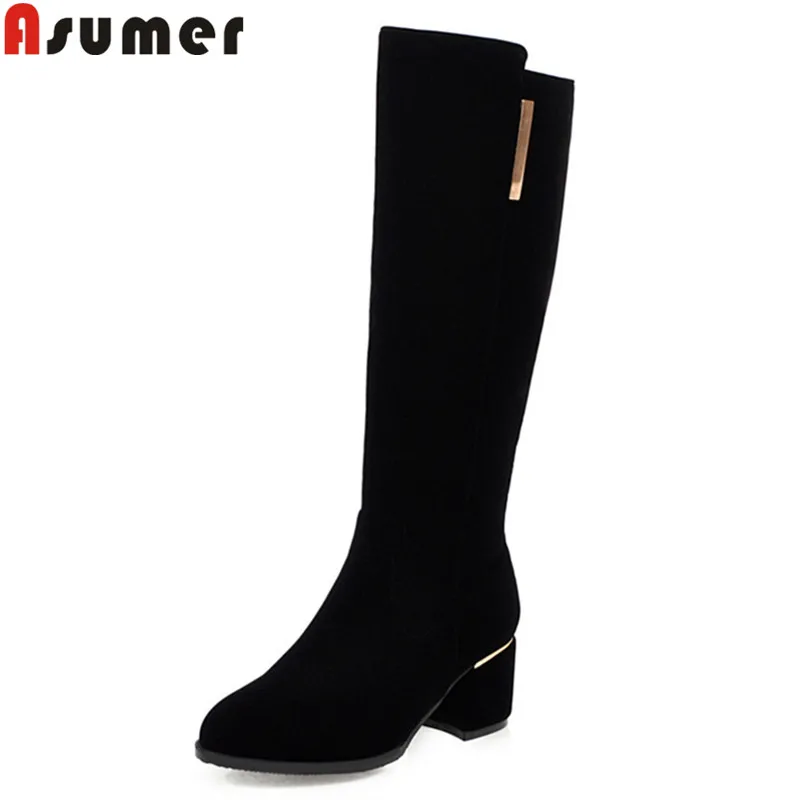 

ASUMER 2021 new autumn winter boots women round toe zip ladies shoes female boots flock black mid calf boots plus size 34-48