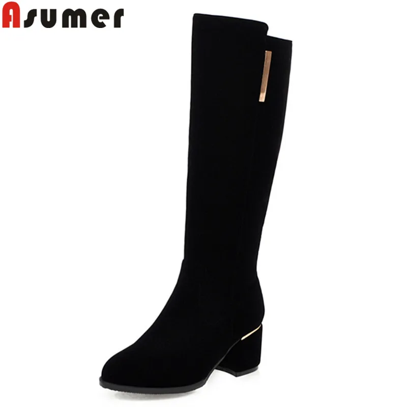 

ASUMER 2020 new autumn winter boots women round toe zip ladies shoes female boots flock black mid calf boots plus size 34-48