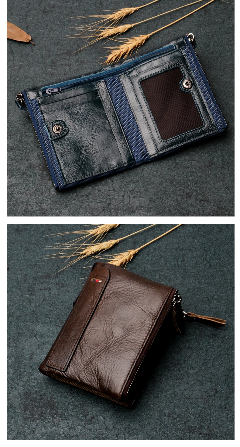 Мужской кошелек из натуральной кожи с двойной молнией, винтажный короткий кошелек для монет, держатель для кредитных карт, деловой маленький кошелек