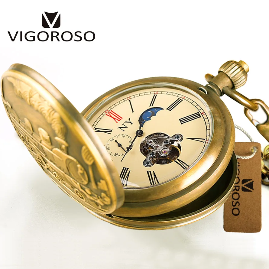 

Antique Mechanical Pocket Watch Luxury Made Moon phase(12/24 Hours) Tourbillion Pure Copper Hand winding Watches For Men Women