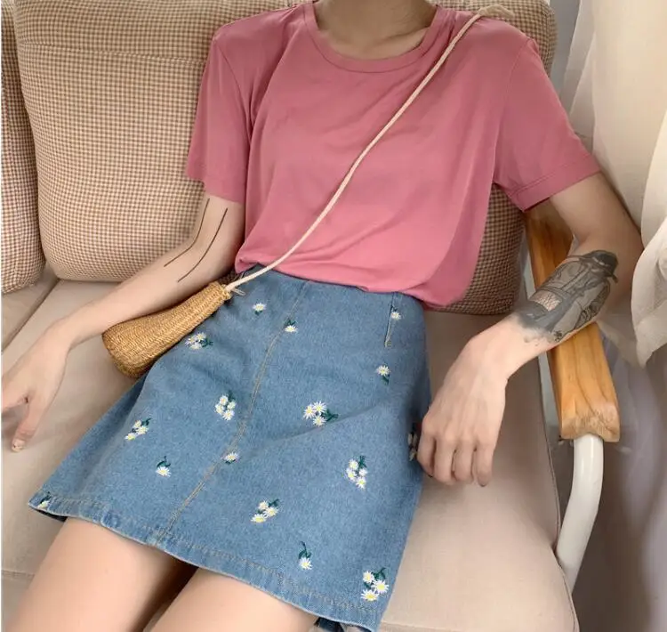 

Summer cute flower embroidery denim skirt women