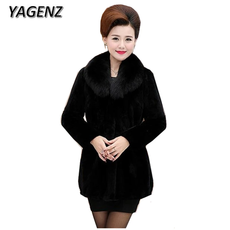 YAGENZ2019 зимняя женская куртка среднего возраста пальто из искусственного меха свободное теплое роскошное меховое пальто с меховым воротником черное меховое пальто большой размер 6XL