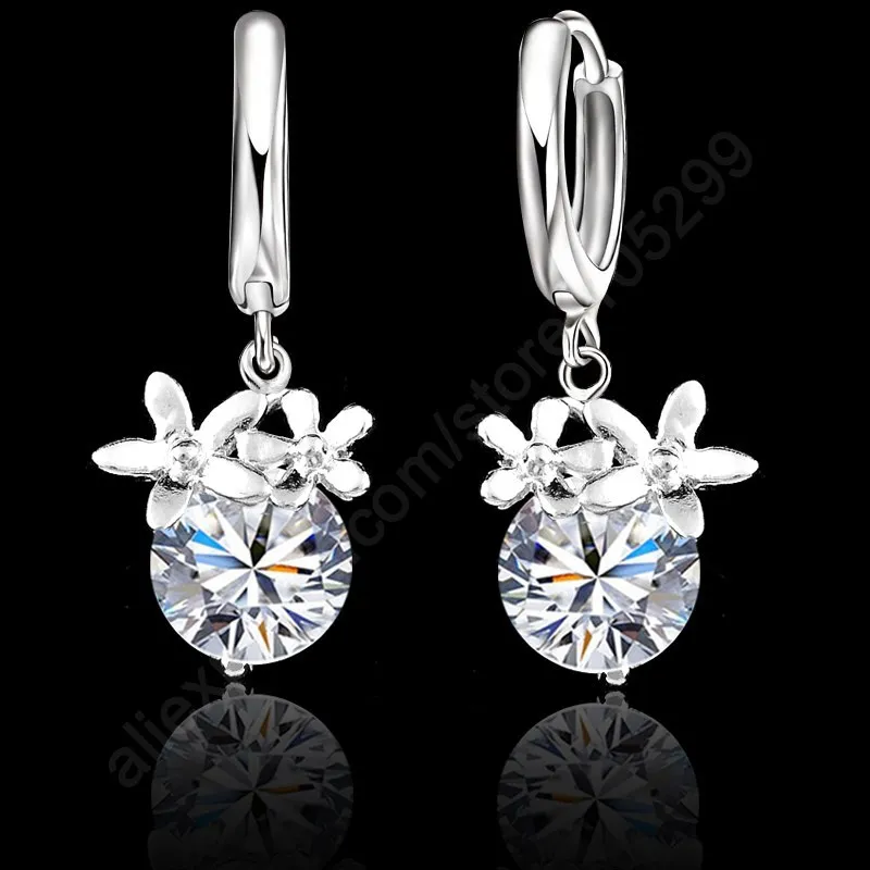 High Quality 925 Sterling Silver  Cubic Zirconia Flower Necklace Hoop Earrings Fashion Jewelry Sets Women Accessories