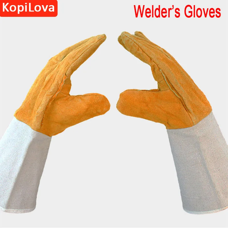 

KopiLova 1pairs Welding Gloves Cow Suede Lengthen Fire Proof Sputtering Protection Gloves Wear-resisting for Finger Protection