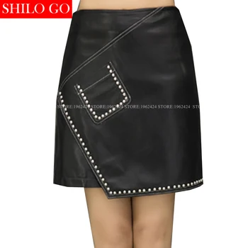 

SHILO GO NEW Fashion Women Empire silver rivets are irregular Front Pocket Sheepskin Genuine Leather Skirt Ladies Concise Skirt
