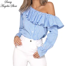SAUCY ANGELIA для женщин футболка сексуальная с открытыми плечами длинным рукавом в полоску Vetement Femme Haut Camisetas повседневное оборками футболк