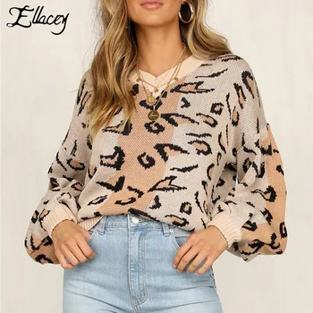 

Ellacey 2019 Autumn Winter New Street Fashion Leopard Sweater Long Sleeve Loose Knit Pullover V-neck Oversized Sweater Women