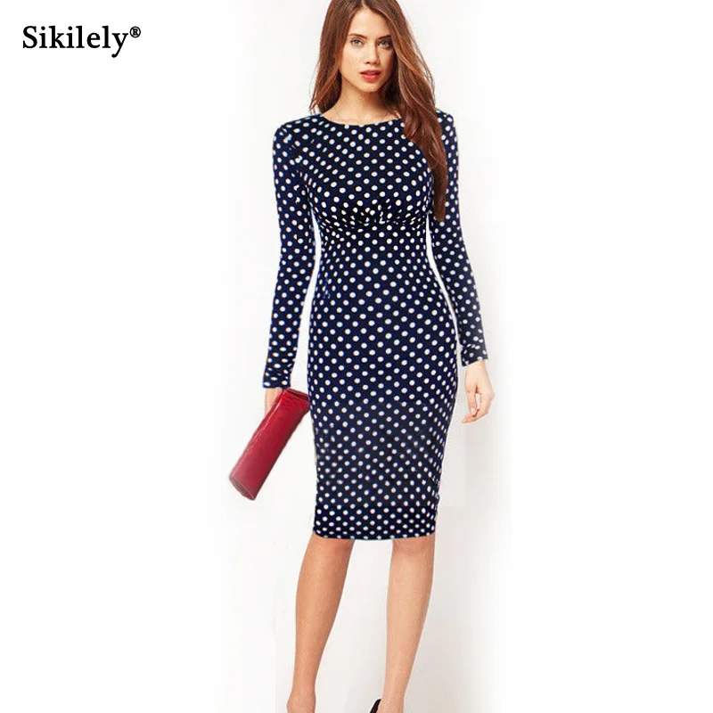 

Sikilely Slim Long Sleeve Work Dress Womens Dot Navy High Street Bodycon Dresses Knee Length 2019 Fall Houndstooth Pleat Dress