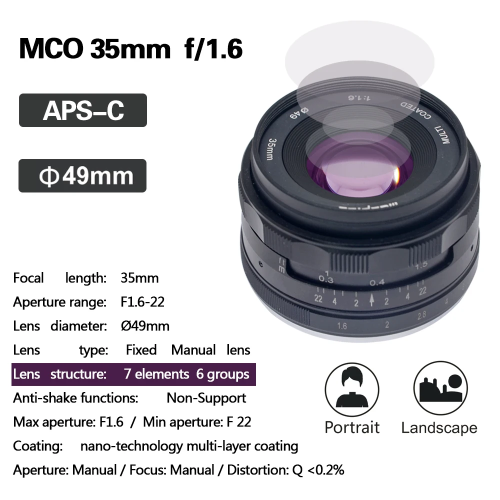 Фотообъектив Mcoplus 35 мм f1.6 для зеркальных фотоаппаратов Nikon N1 M1 M2 M3 M5 M6 M10 M100 J1 J3 J5