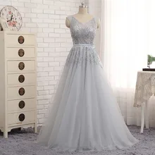 2016 Cheap Long Lace grey Beaded Prom Dresses V Neck Sequins Tulle Sheer Neck Formal Evening