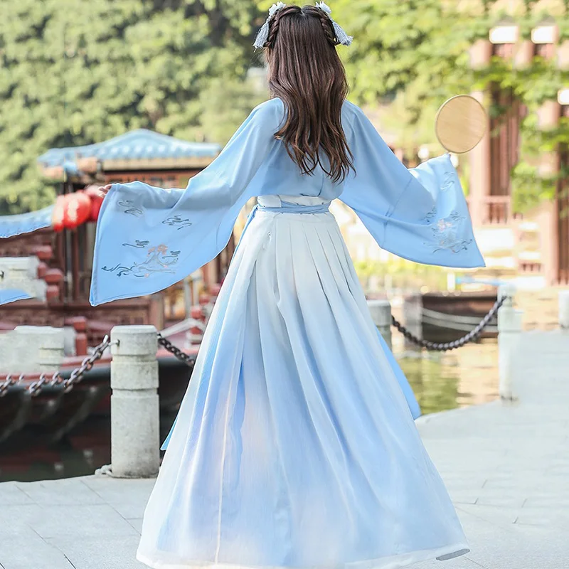 Традиционный танцевальный костюм женский синий вышивка костюм Hanfu одежда для выступлений Восточный карнавальный наряд сказочное платье 3 шт. DF1031