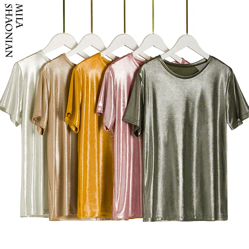 

2019 Summer Silver Pressed Knitted T Shirts Women Well Elastic Slim O-Neck Short Sleeve Pink T shirt Woman 5 Color Tees Harajuku