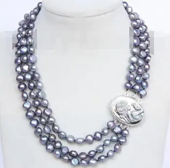 

Baroque 16"-18" 3row 9mm gray pearls necklace seashell clasp j10078