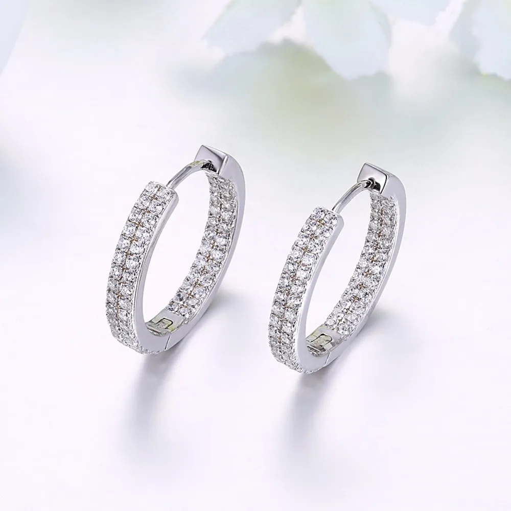 Fashion Round with Pave Setting Clear CZ Hoop Earring 925 Sterling Silver Earring Jewelry E215