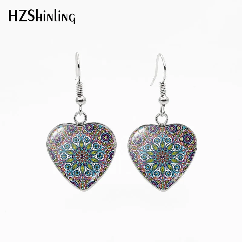 

HZSHINLING New Trendy Mandala Stainless Steel Fish Hook Earrings Flowers Pattern Beautiful Dangle Heart Shaped Pendants Earrings