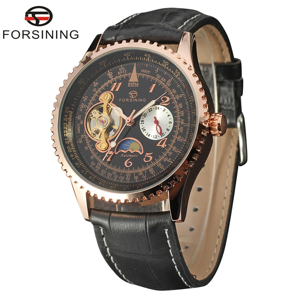 

FORSINING Brand Mens Genuine Leather Strap Moon Phase Automatic Mechanical Watch Big Dial Male Wristwatch Relogio Releges
