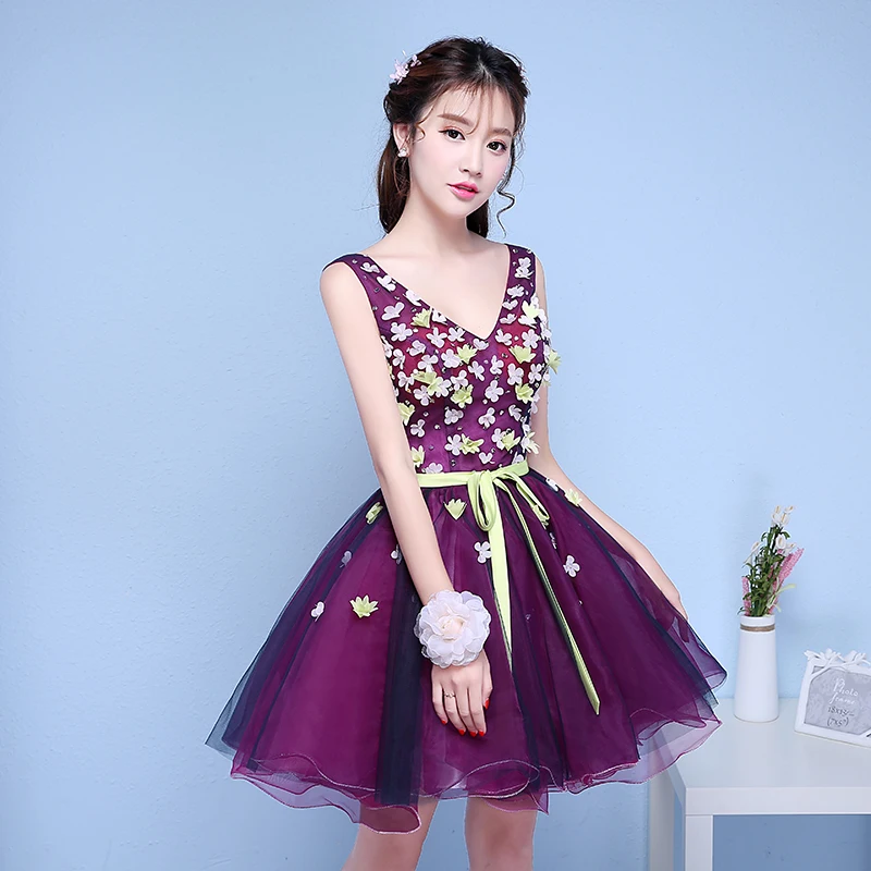 

New short purple lace summer sweet lady girl women princess bridesmaid banquet party ball dress gown