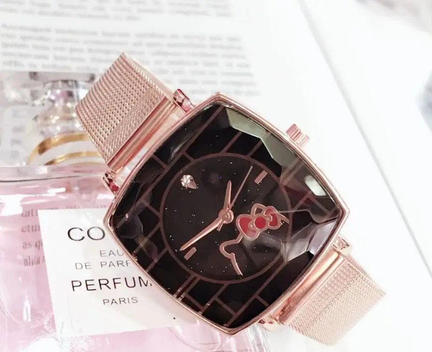 Женские часы из нержавеющей стали сетчатая лента розовое золото мультфильм женские квадратные наручные часы Relogio - Цвет: Розовый