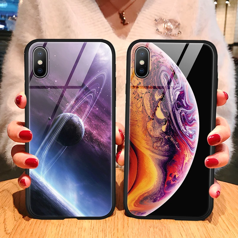 

Tempered Glass Case For iPhone XS Max XR 11 Pro Max X 6 6S 7 8 Plus Luxury Back Case For iphone 7 7Plus 8 8Plus Space Cover Capa