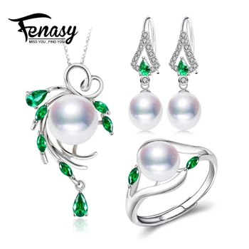 

FENASY 925 Sterling Silver jewelry sets for women,fairy drop earrings,natural pearl pendants&necklaces ring set