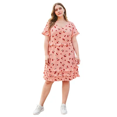 WHZHM плюс Размеры 3XL 4XL платье с вишневым принтом; платье Для женщин с v-образным вырезом, вечерние пляжные тапочки в стиле пэчворк розовый летние платья с рюшами, дизайнерское платье для дам - Цвет: as pictures