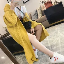 Осень Зима длинный твист вязаный свитер кардиганы Свободные Твердые утолщаются пальто женские свитера куртка