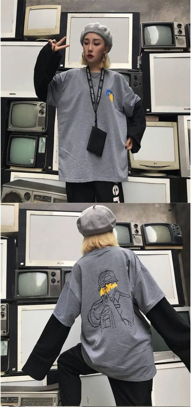 Япония Харадзюку Черные Серые футболки для мужчин и женщин повседневные хип хоп топы футболки поддельные из двух частей длинный рукав свободная футболка уличная Женская
