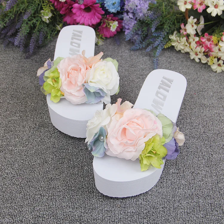 Womens New Handmade Flowers White Flip Flops Wedges Shoes Online Sale Slipper Beach Sandals Cheap45