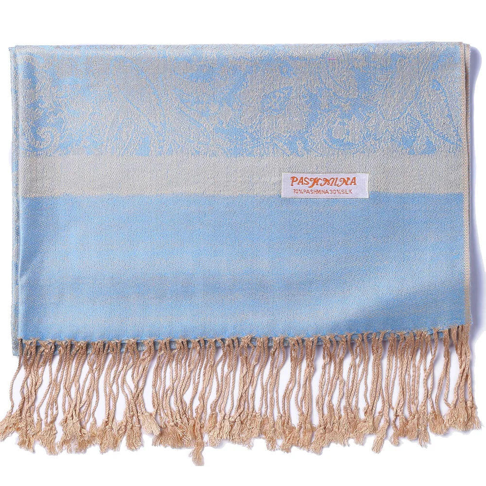 

Pashimina Silk Scarf Paisley Jacquard Autumn Warp Winter Shawl Cashmere Fringes Hijab Long 2 Tones Soft High quality Sky blue