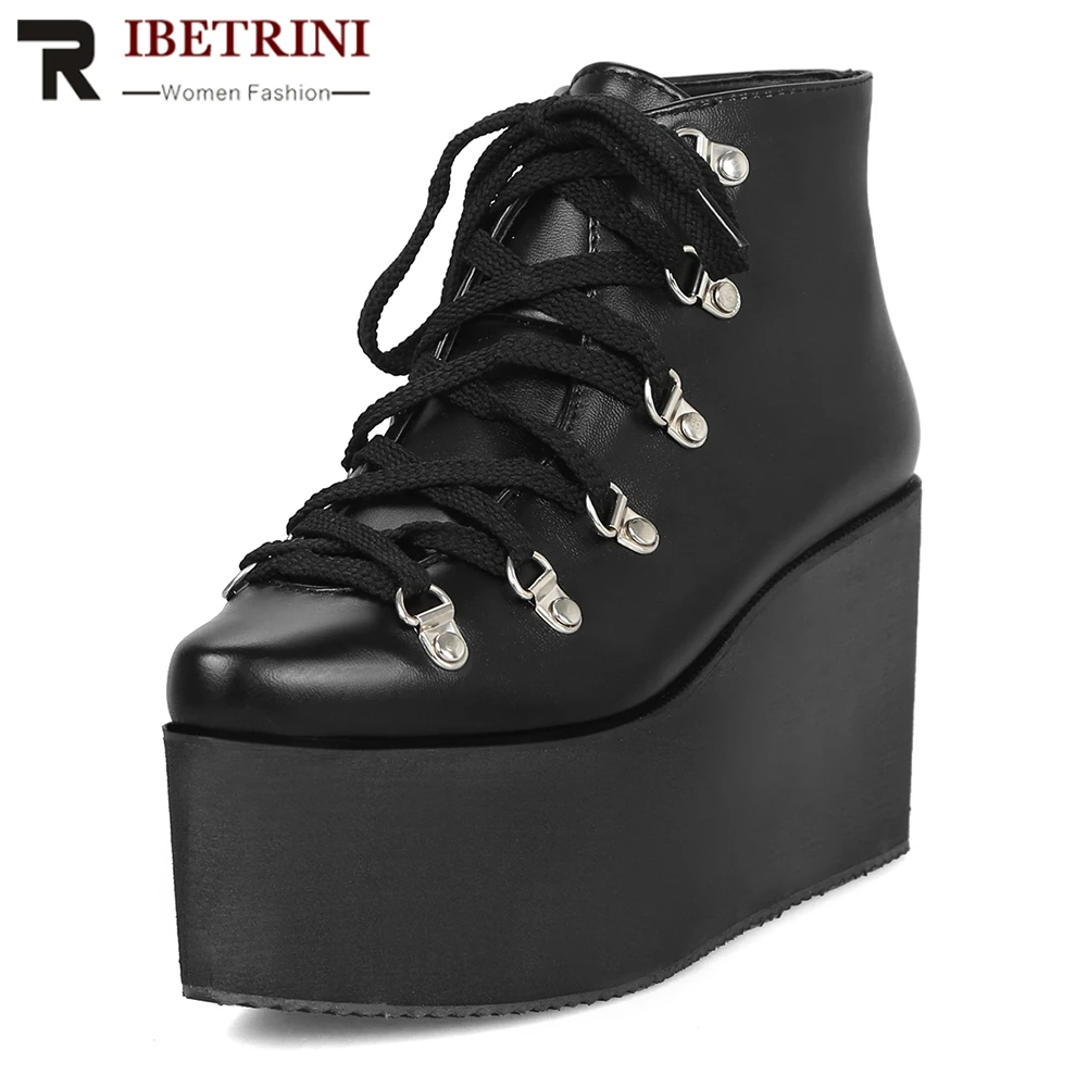 

RIBETRINI New Fashion Street Lace Up Flat Platform High Heels Ankle Boots Woman Spring Autumn Women Boots Woman Plus Size 33-47