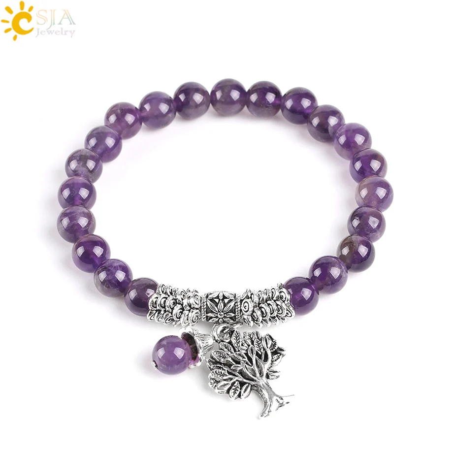 

CSJA Natural Gem Stone Purple Crystal Bracelets Bangle Tree of Life Tibetan Prayer Rosary Mala Bead Bracelet for Meditation E746