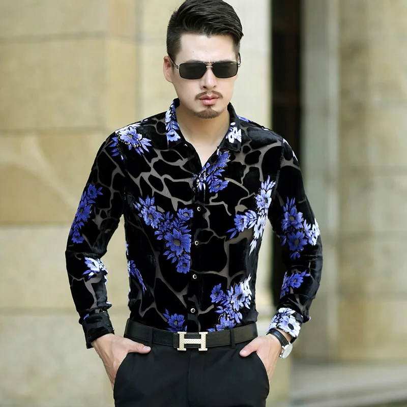 New arrival 2017 male hollow floral dress shirt sexy man see through ...