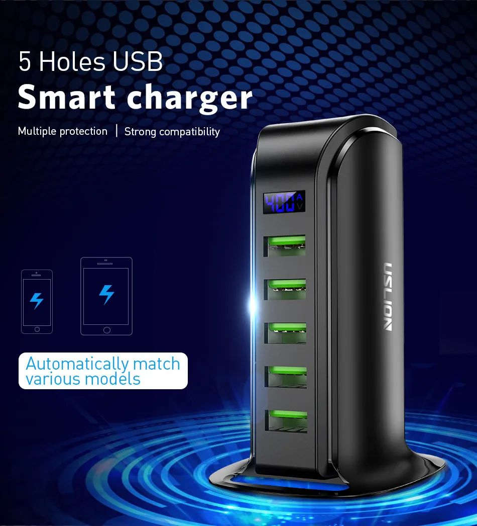 USB Charger HUB LED Display Multi 5 Port USB Charging Station Dock Universal Mobile Phone Charger