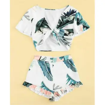 

Boho Leaf Print V-Neck Knot Front Crop Top Elastic Waist Shorts Set Women Summer Outfits Sexy Casual Two Piece Set